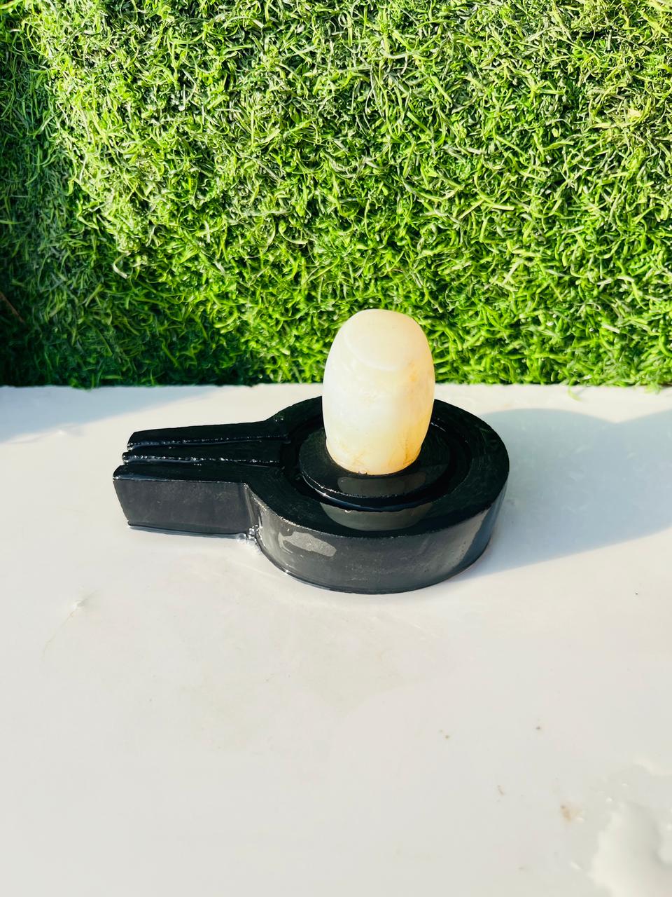 Divine White Narmadeshwar Shivling with Black Yoni Base